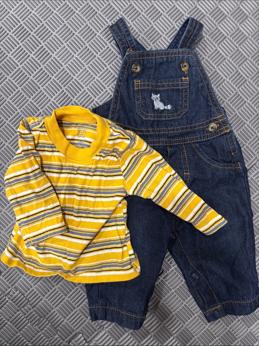 Carter's Newborn Yellow & Navy Striped Long-Sleeve Top with Denim Overalls
